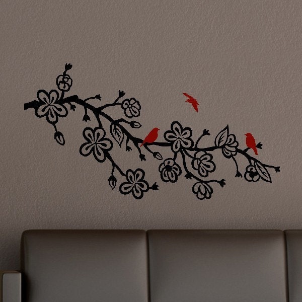 Cherry Blossom Branch Vinyl Wall Art Decal With Birds - Bedroom Decor Nursery Room Decals - image 1
