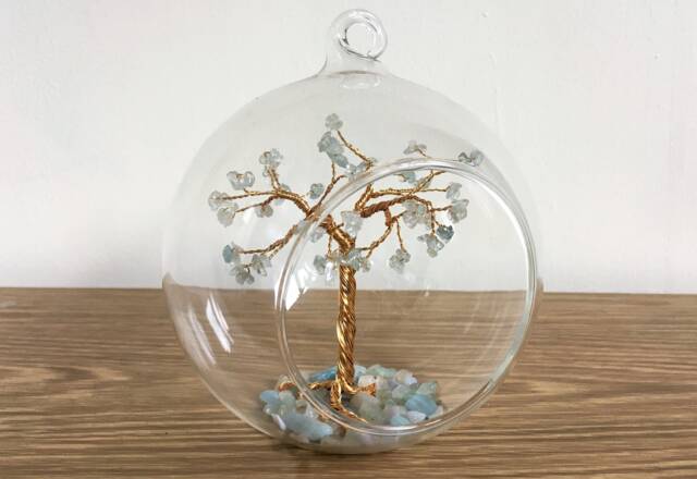 March Birthstone Gift. Aquamarine Gemstone Tree. Crystal Bauble. Gold Wire Sculpture - image 1