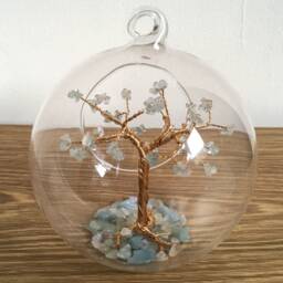 March Birthstone Gift. Aquamarine Gemstone Tree. Crystal Bauble. Gold Wire Sculpture - thumbnail 2