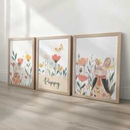 Wildflower Personalised Set Of 3 Girls Prints, Kids Custom Name Posters, Rabbit Decor Framed Wall Art Gift For Nursery, Bedroom Or Playroom - thumbnail 1