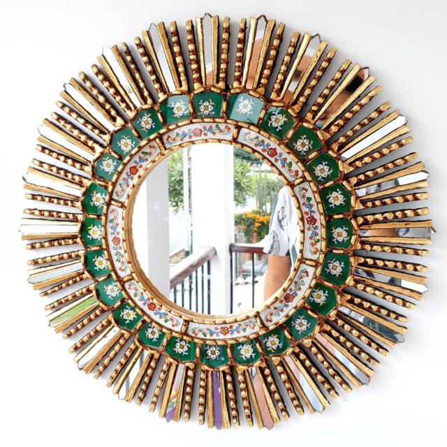 Peruvian Green Lima Mirror 50 cm Handmade Wall Decor - Carved Wood Round Statement For Living Room Bathroom - image 1