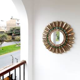 Peruvian Green Lima Mirror 50 cm Handmade Wall Decor - Carved Wood Round Statement For Living Room Bathroom - thumbnail 3