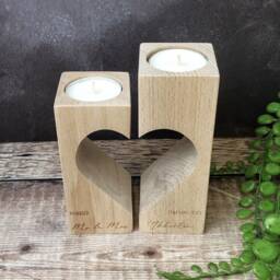 Personalised Engraved Set Of 2 - Large & Small Wooden Wedding Tealight Holder With Cut Out Heart Centre, Anniversary Candle - thumbnail 3