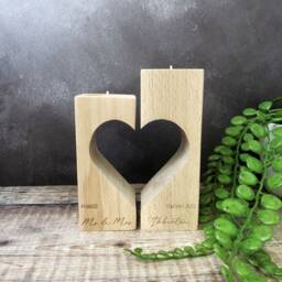 Personalised Engraved Set Of 2 - Large & Small Wooden Wedding Tealight Holder With Cut Out Heart Centre, Anniversary Candle - thumbnail 1