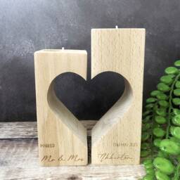 Personalised Engraved Set Of 2 - Large & Small Wooden Wedding Tealight Holder With Cut Out Heart Centre, Anniversary Candle - thumbnail 2