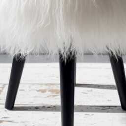 Wood Footstool With Sheepskin Fur Genuine Mongolian Wooden Stool Black Legs - thumbnail 2