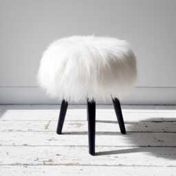 Wood Footstool With Sheepskin Fur Genuine Mongolian Wooden Stool Black Legs