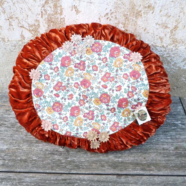 Bohemian Handmade By Me Liberty & Rusty Velvet Pillow Adorned With Dyed Cotton Guipure Lace - image 1