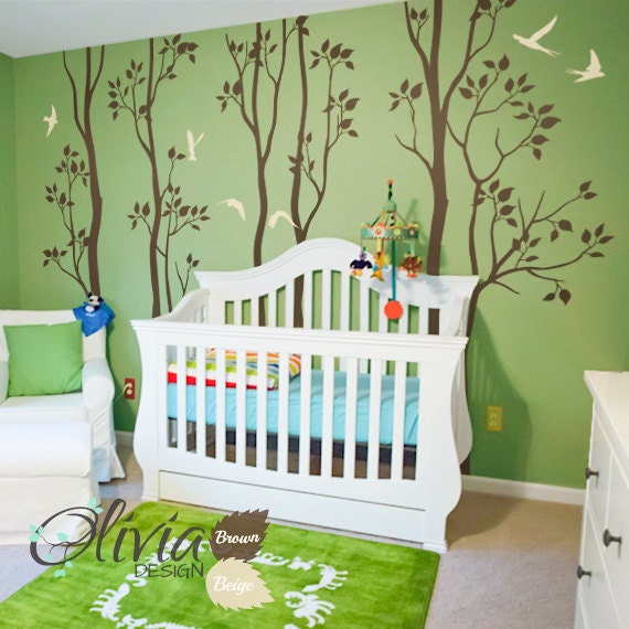 Set Of Large Birch Trees With Flying Birds Nursery Decoration For Your Baby Room - Nursery Wall Tree Mural Decoration Nt039 - image 1
