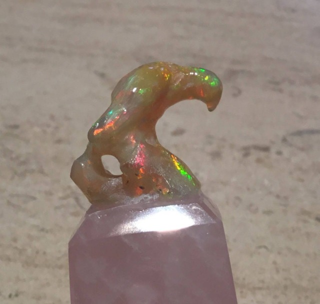 Ethiopian Opal Natural Shape Of A Bird Set On To Rose Quartz Pedestal - image 1
