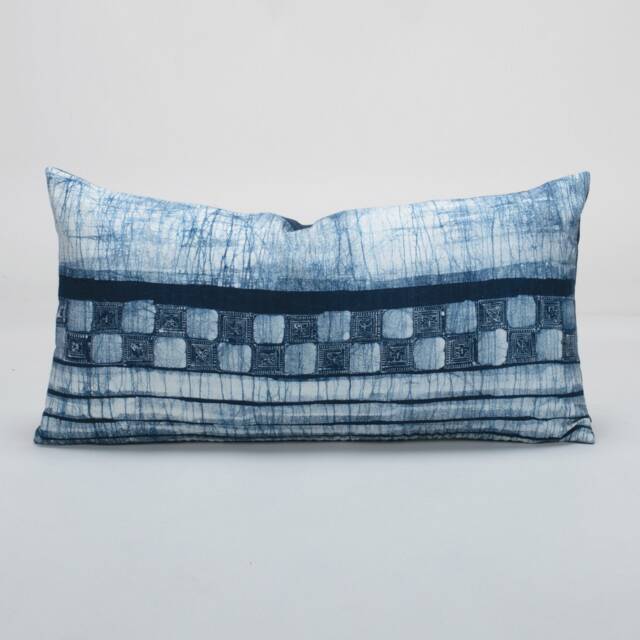 Indigo Batik Lumbar Pillow Cover - Handspun Hmong Fabric, 12x24 - image 1