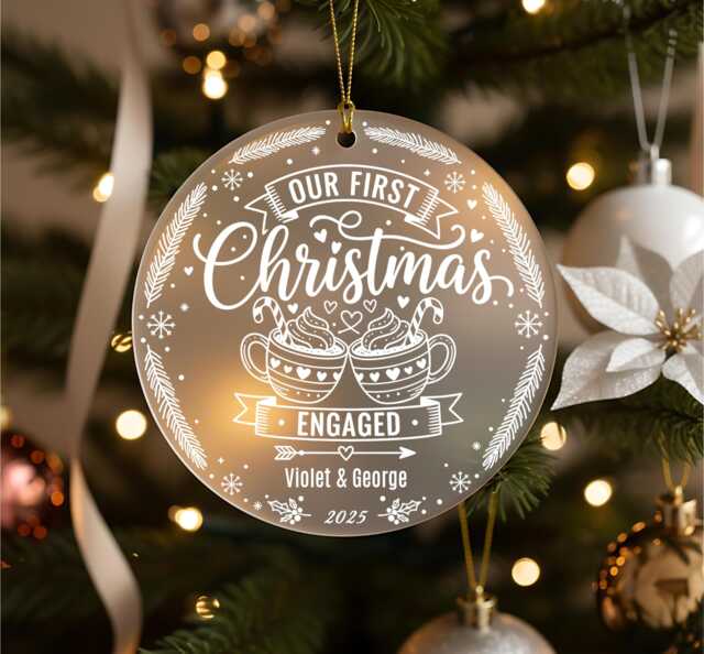 First Christmas Engaged Ornament, Personalised Couple Names Bauble, Engagement Gift 2025 - image 1