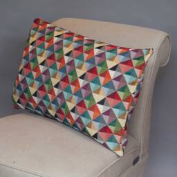Geometric Tapestry Double Sided Xl Rectangular Cushion. Multi Red Blue Green Yellow Triangle Harlequin Pattern. 23X15