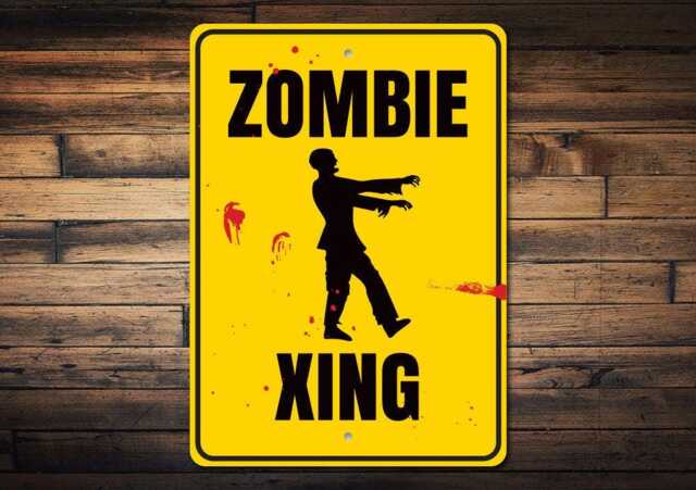 Zombie Crossing Sign - Funny Halloween Decor Horror Room Wall Art Spooky Metal Apocalypse Warning Scary Movie - image 1