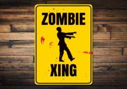 Zombie Crossing Sign - Funny Halloween Decor Horror Room Wall Art Spooky Metal Apocalypse Warning Scary Movie - thumbnail 1