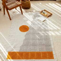 4x6 Handwoven Cotton Dhurrie Rug Minimalist Block Print Design - thumbnail 3