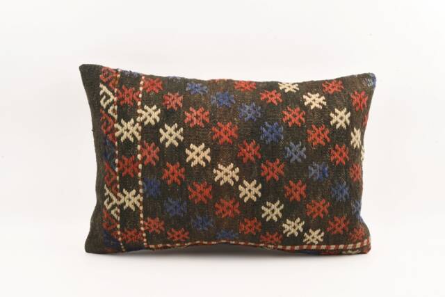 Anatolian Kilim Lumbar Pillow Bohemian Wool Cushion Cover - 16x24 - image 1