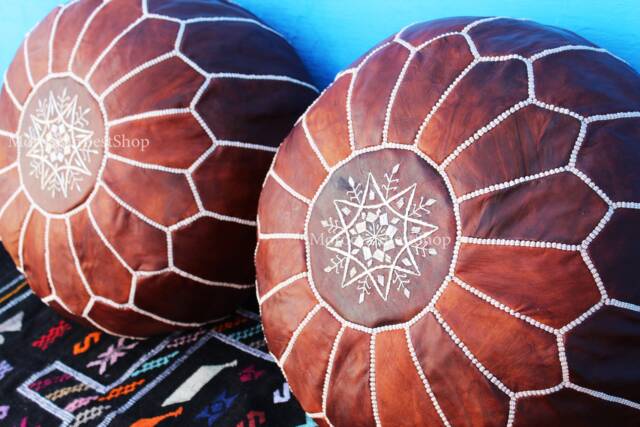 Set Of 2 Unstuffed Moroccan Leather Poufs Tan Ottoman Footstools - image 1