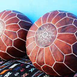 Set Of 2 Unstuffed Moroccan Leather Poufs Tan Ottoman Footstools - thumbnail 2