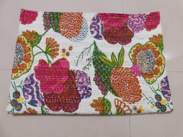 Indain Floral Print Hand-stitched Kantha Quilt Queen Throw Cotton Blanket - image 1