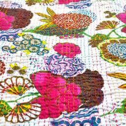 Indain Floral Print Hand-stitched Kantha Quilt Queen Throw Cotton Blanket - thumbnail 2