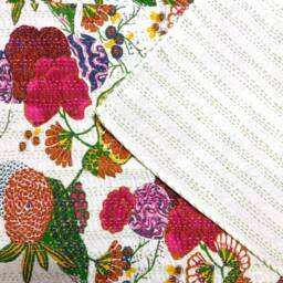 Indain Floral Print Hand-stitched Kantha Quilt Queen Throw Cotton Blanket - thumbnail 4