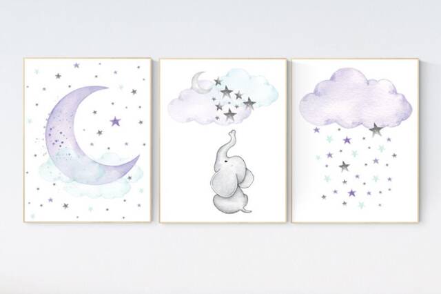 Elephant Nursery Decor Purple Moon, Stars, Giraffe Art Print - image 1