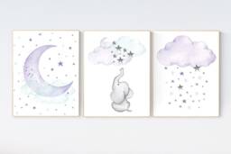 Elephant Nursery Decor Purple Moon, Stars, Giraffe Art Print - thumbnail 1