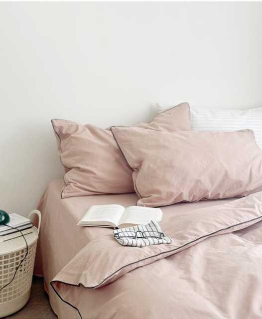 34 Colors Linen Bedding Set With Color Piping. Pink King, Queen Duvet Cover , 3 Piece Washed Linen Bedding Set Includes 2 Pillowcases - image 1