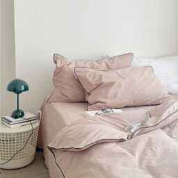 34 Colors Linen Bedding Set With Color Piping. Pink King, Queen Duvet Cover , 3 Piece Washed Linen Bedding Set Includes 2 Pillowcases - thumbnail 2