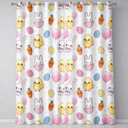 Cute Easter Bunny Chick Carrot Egg Grey Background Seamless Pattern Readymade Eyelet Ring Top Thermal 100% Blackout Curtains - thumbnail 2