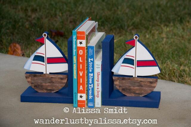 Sailboat Bookends, Custom Designed Wooden Bookends - Sailboat, Nautical, Blue, Red, Navy, Wood Look, Nautical Theme - image 1