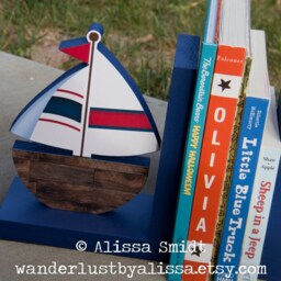 Sailboat Bookends, Custom Designed Wooden Bookends - Sailboat, Nautical, Blue, Red, Navy, Wood Look, Nautical Theme - thumbnail 3
