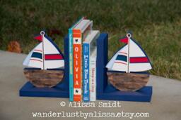Sailboat Bookends, Custom Designed Wooden Bookends - Sailboat, Nautical, Blue, Red, Navy, Wood Look, Nautical Theme - thumbnail 1
