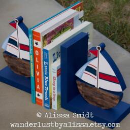 Sailboat Bookends, Custom Designed Wooden Bookends - Sailboat, Nautical, Blue, Red, Navy, Wood Look, Nautical Theme - thumbnail 2