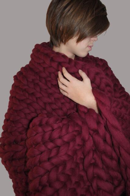 Burgundy Chunky Knit Throw Blanket, Merino Wool, Handmade - image 1