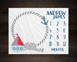 Nautical Baby Milestone Blanket Month Growth Tracker Fleece Shower Newborn Gift Boy Sail Boat Nursery