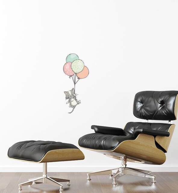 Cat Floating With Balloons Wall Sticker Decal - Dogs & Pets Stickers, Art, Decals, Kids Animals Decals