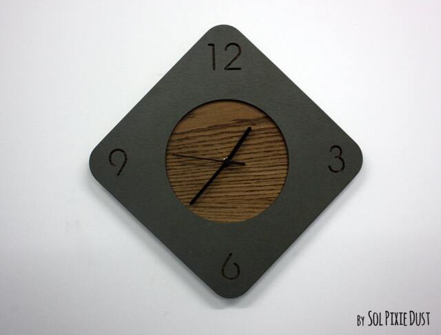 Concrete With Wooden Hole Rhombus Wall Clock - Modern Minimalist Art Home Deco Housewarming Gift Idea Wedding - image 1