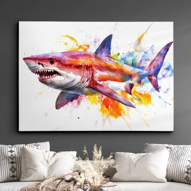 Shark Sea Animal Abstract Oil Painting Colourful Paint Splatter Style Wall Art Framed Canvas Poster Print, Home/Office Room Decor - image 1