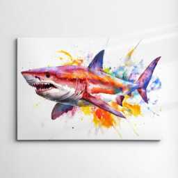 Shark Sea Animal Abstract Oil Painting Colourful Paint Splatter Style Wall Art Framed Canvas Poster Print, Home/Office Room Decor - thumbnail 3