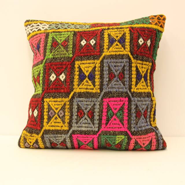Decorative Kilim Pillow, 20x20 Bohemian Handwoven Anatolian Boho Turkey Cushion Cover 4Ef-26 - image 1