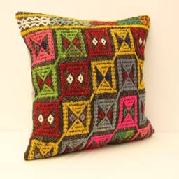 Decorative Kilim Pillow, 20x20 Bohemian Handwoven Anatolian Boho Turkey Cushion Cover 4Ef-26 - thumbnail 2