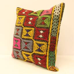 Decorative Kilim Pillow, 20x20 Bohemian Handwoven Anatolian Boho Turkey Cushion Cover 4Ef-26 - thumbnail 3
