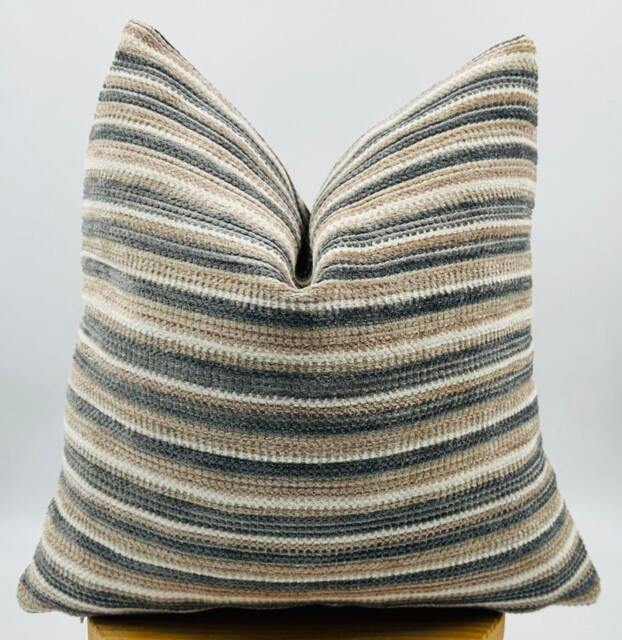 Textured Striped Pillow Cover, Beige Gray Euro Sham, Woven Upjolstery Fabric - 20x20 - image 1