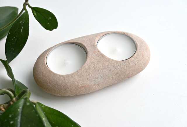 Double Tealight Holder, Stone Candleholder, Pebble Coastal Beach Tea Candle Rock Design - image 1