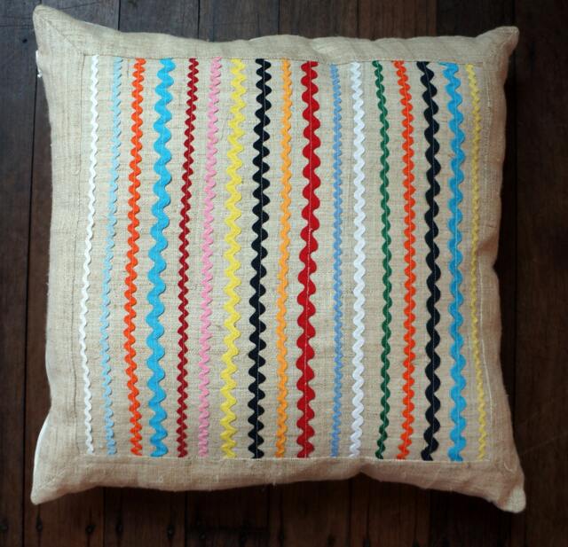Decorative Cushion Made From Hand Woven Hemp With Colourful Ric Rac Decoration - image 1