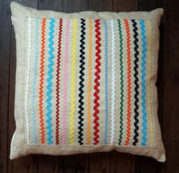 Decorative Cushion Made From Hand Woven Hemp With Colourful Ric Rac Decoration - thumbnail 1