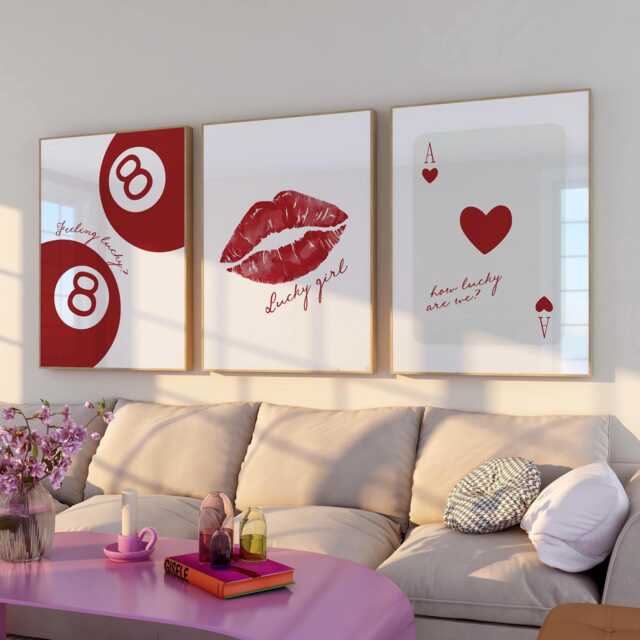 3 Set Feeling Lucky 8 Ball Red Poster, How Are We Playing Card Print, Girl Lips Trendy Aesthetic, Girly Wall Art - image 1