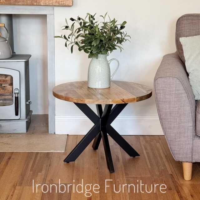 Mango Wood Round Coffee Table Industrial Style Black Metal Legs - image 1